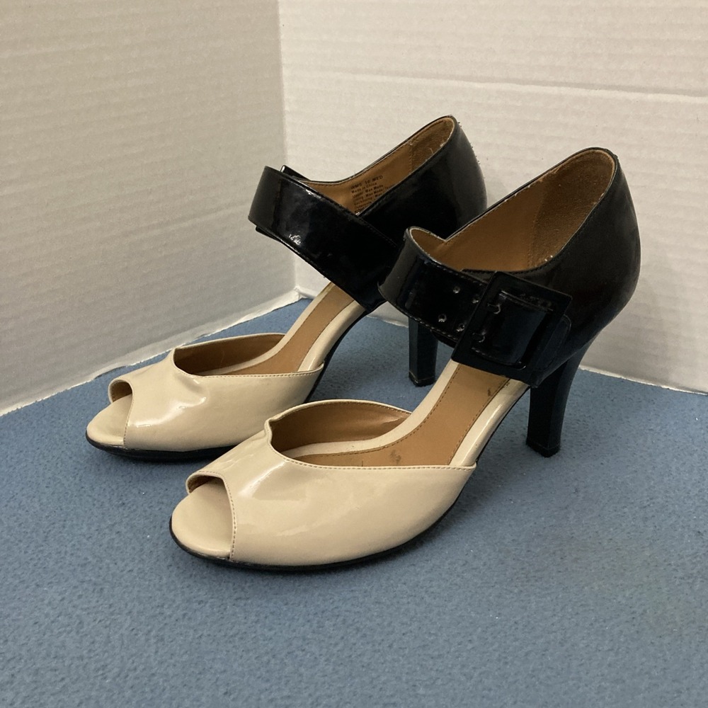 Croft & Barrow Kira Ivory & Black Open Toe Heels w/Buckle Ankle Straps - SZ 10M